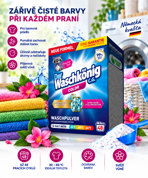 Waschkönig Color XL prací prášek na barevné prádlo – 2,88 kg, až 48 pracích cyklů